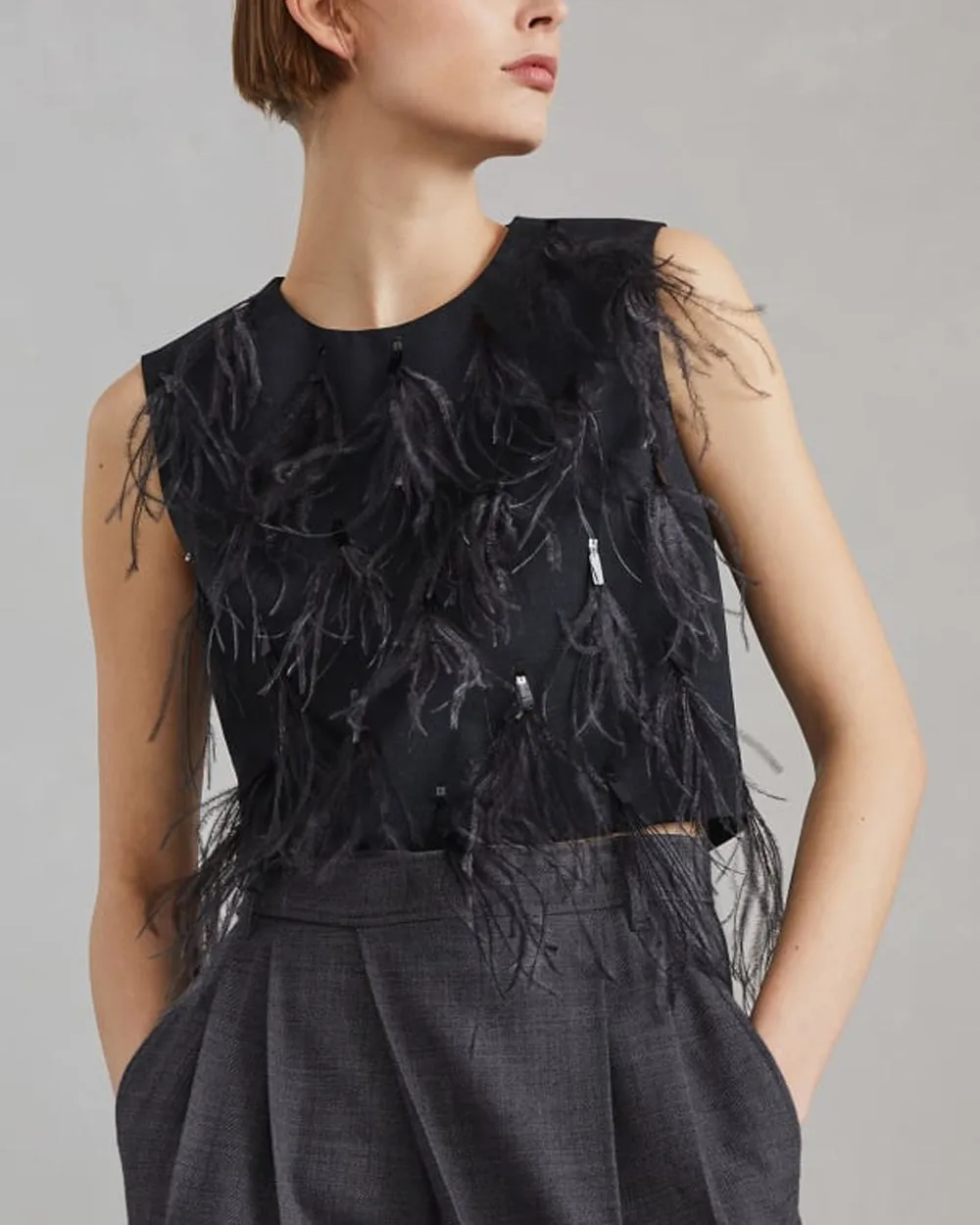 Onyx Tropical Feather Embellished Blouse