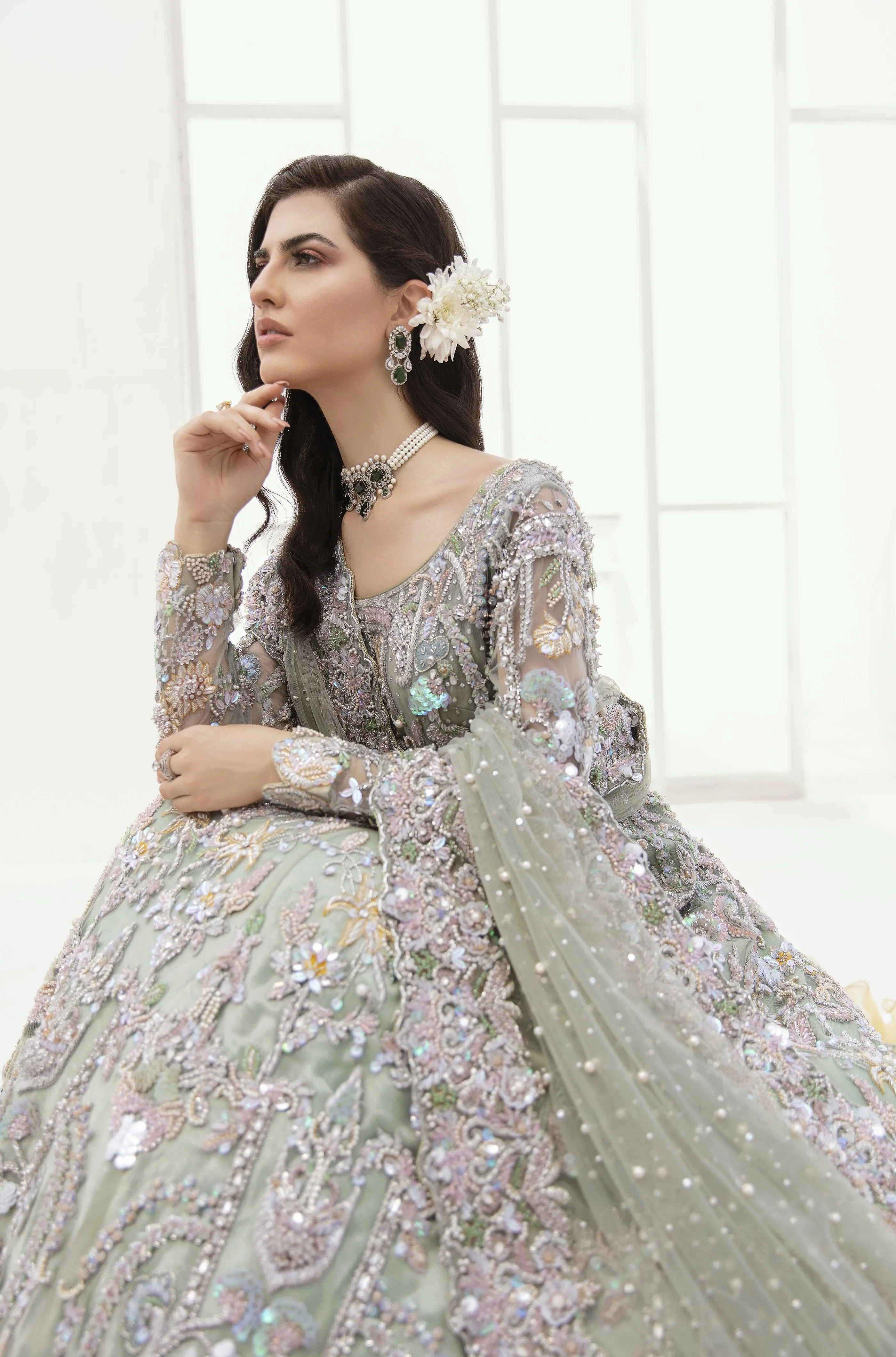 Pakistani Bridal Lehenga Designs in Embellished Heavy Hand Needle Work for Wedding Wear in Silver Grey Lehenga in Long Gown #BN943