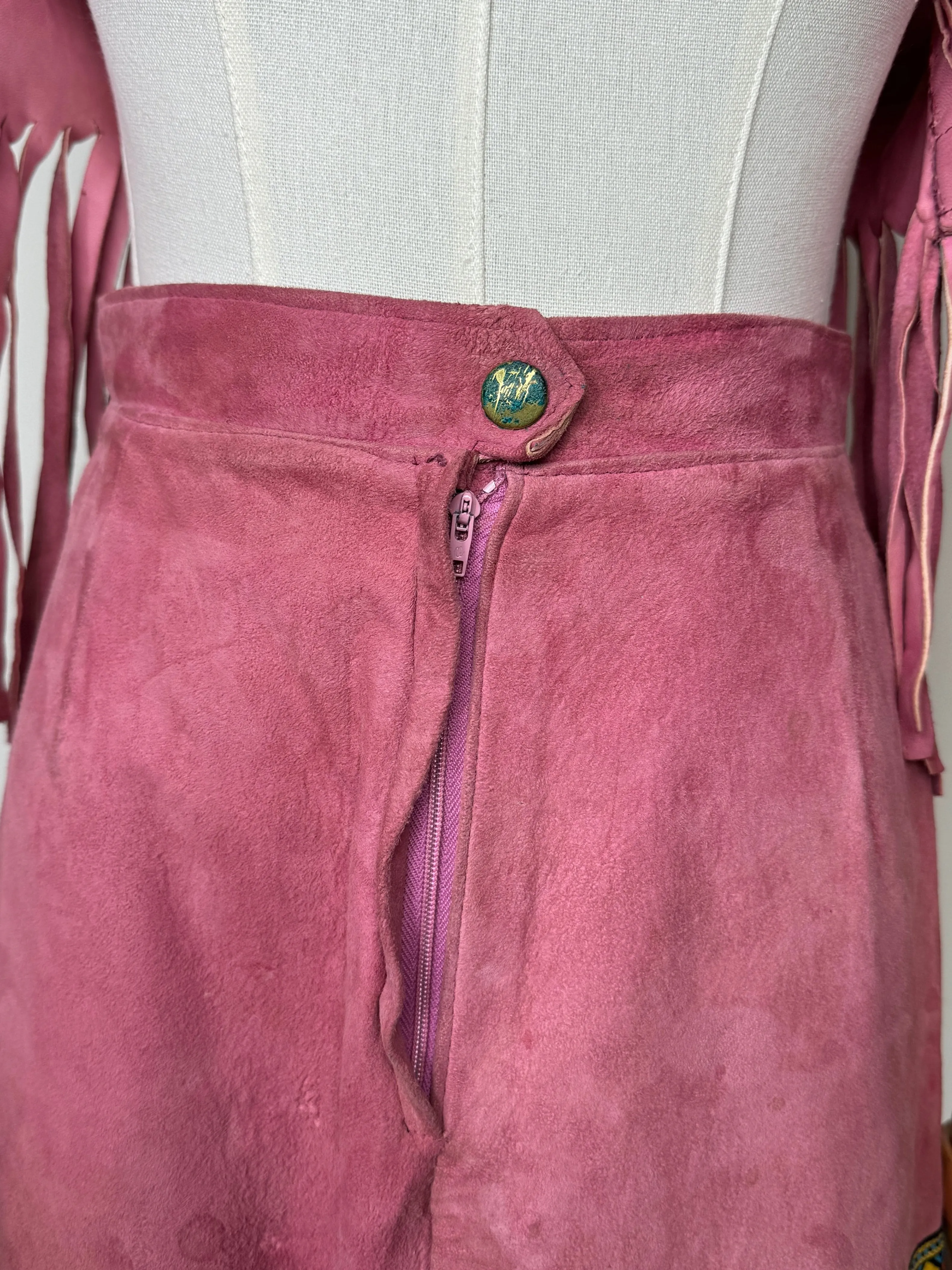 Pink Suede Fringed Western Mini Skirt Set 1960s