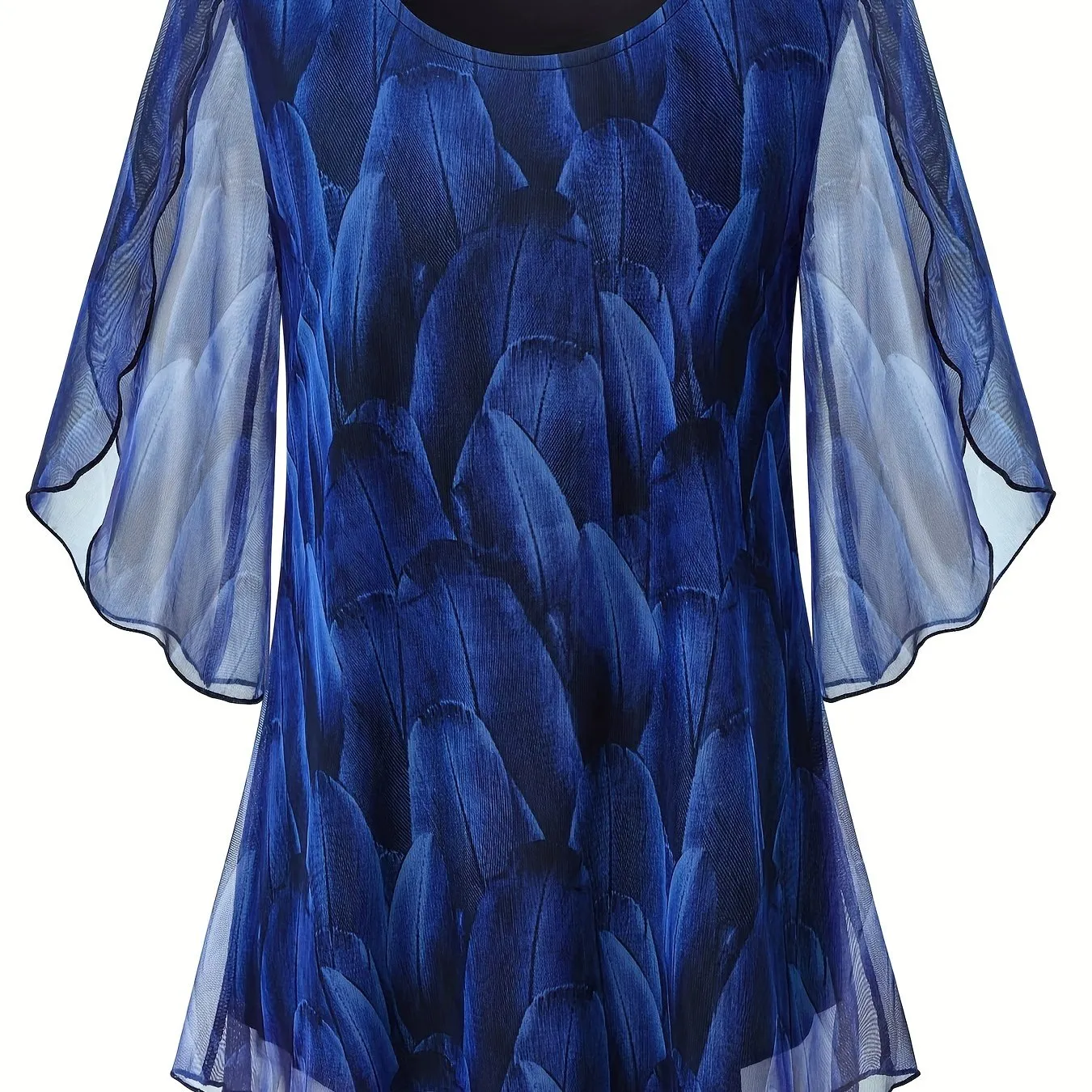 Plus Size Casual Feather Print Crew Neck Three Quarter Sleeve Blouse - Soft Medium Stretch Polyester Material, Regular Fit, Flutter Sleeve, Pullover Style - Perfect for Weekend Spring and Summer Wear