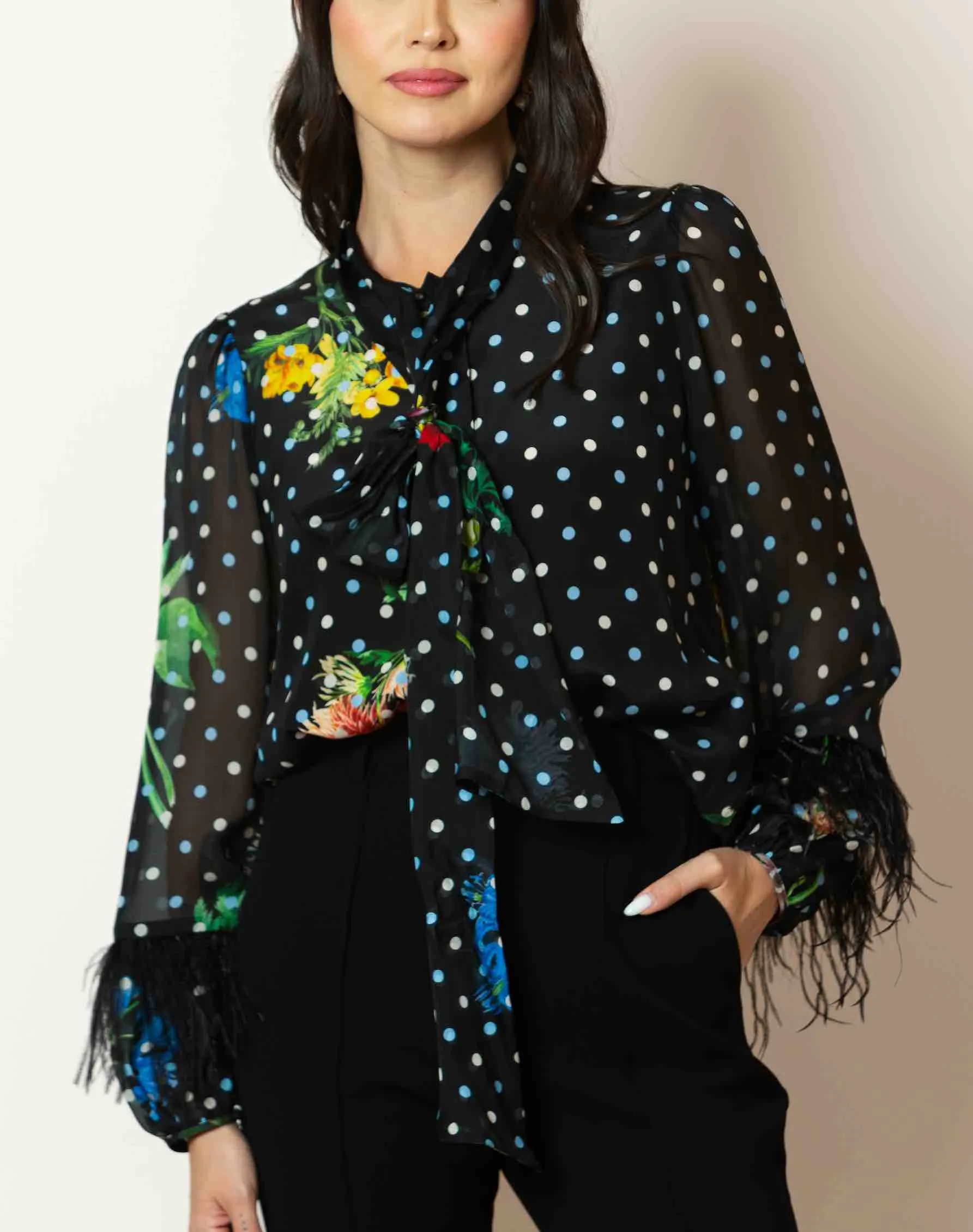 Printed Silk Chiffon Blouse with Feather