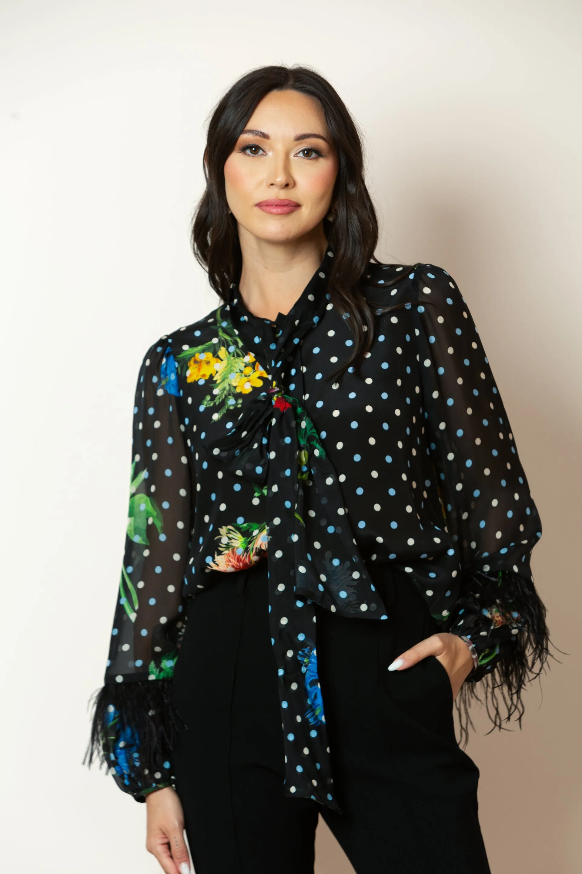 Printed Silk Chiffon Blouse with Feather