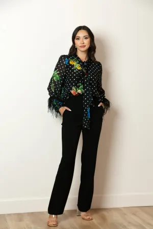 Printed Silk Chiffon Blouse with Feather