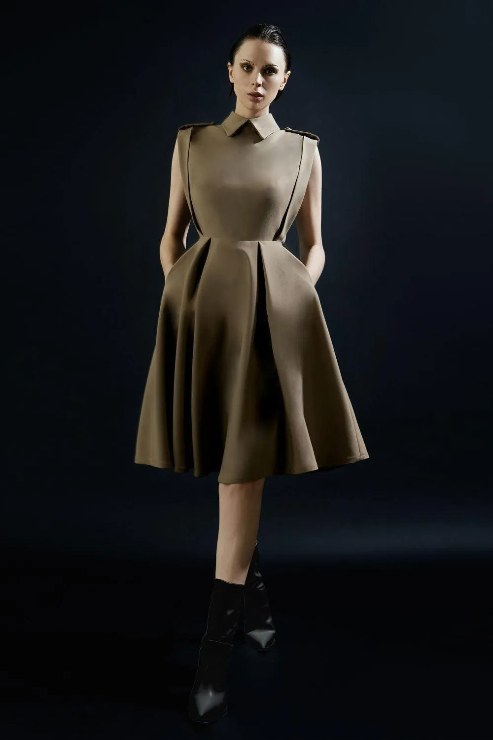 Rainbow A-line Collared Neck Silk Wool Knee-length Dress