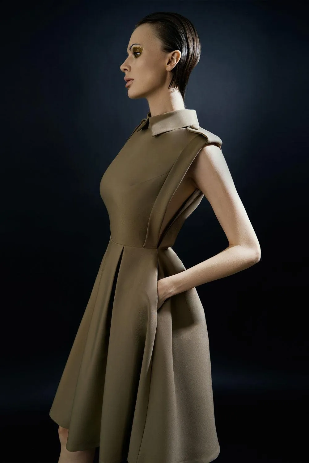 Rainbow A-line Collared Neck Silk Wool Knee-length Dress