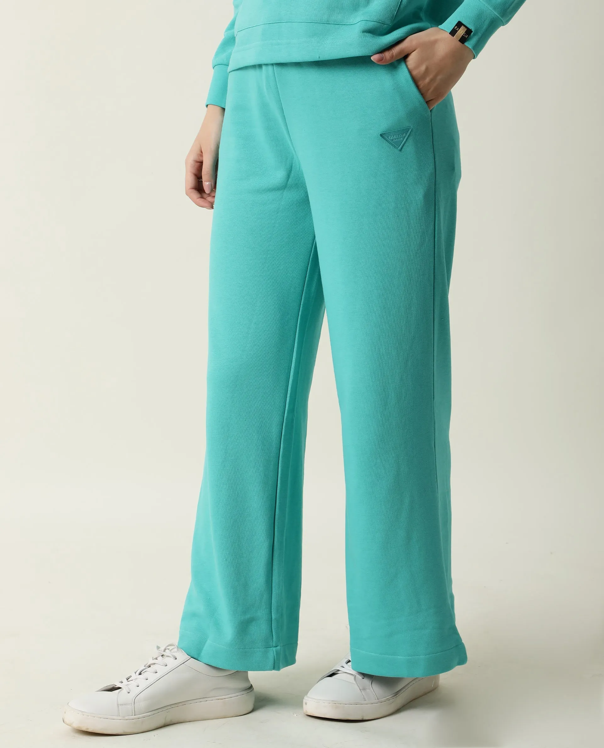Rareism Women Pazo-1 Turq Poly Cotton Fabric Relaxed Fit Solid Mid Rise Ankle Length Track Pant