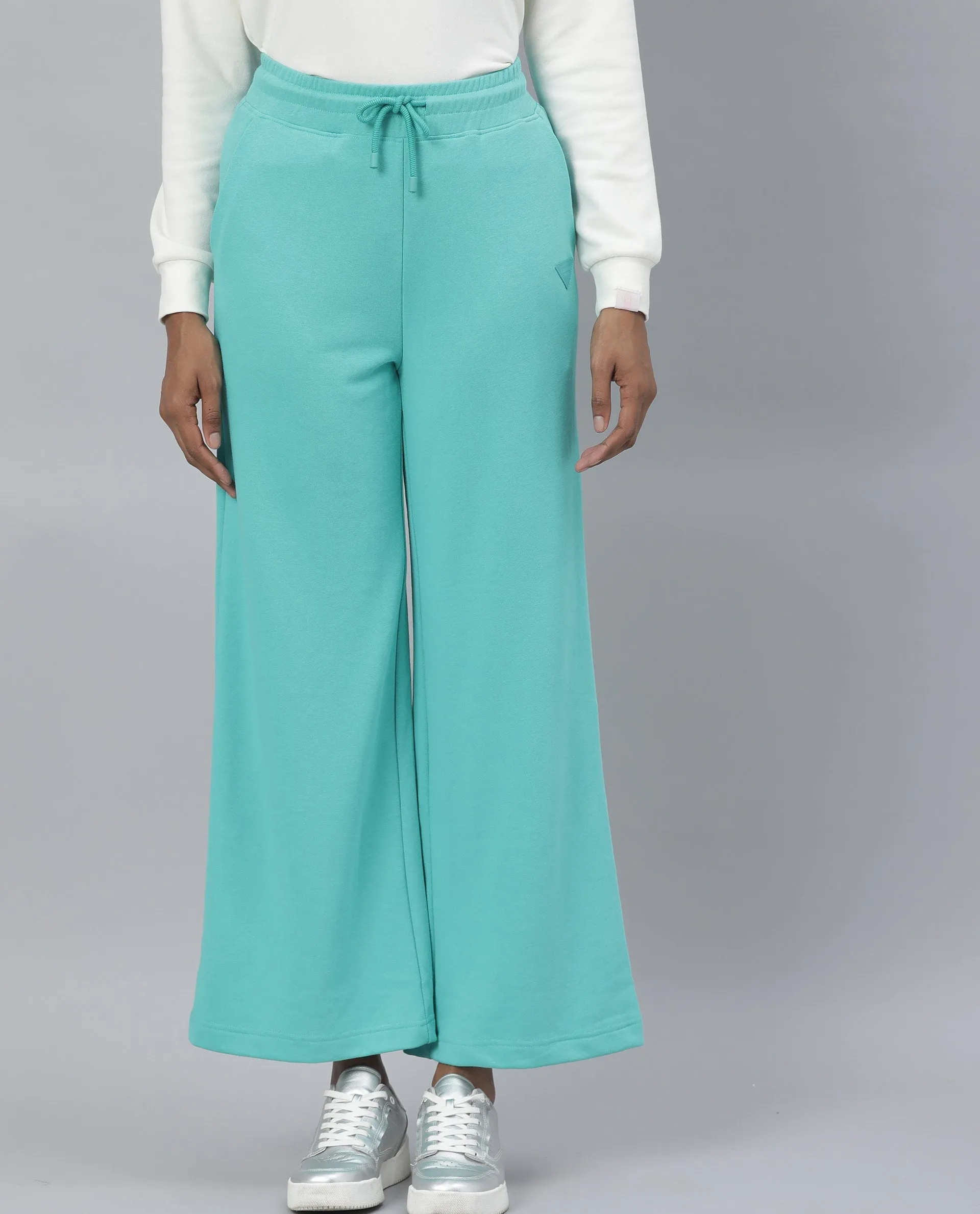 Rareism Women Pazo-1 Turq Poly Cotton Fabric Relaxed Fit Solid Mid Rise Ankle Length Track Pant