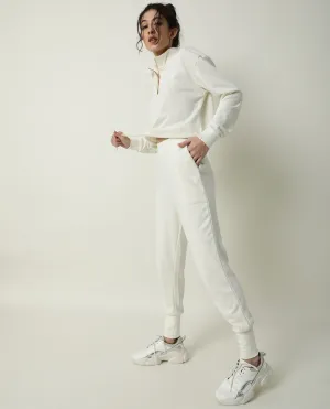 Rareism Women Simp-1 Off White Poly Cotton Fabric Tailored Fit Solid Mid Rise Ankle Length Track Pant