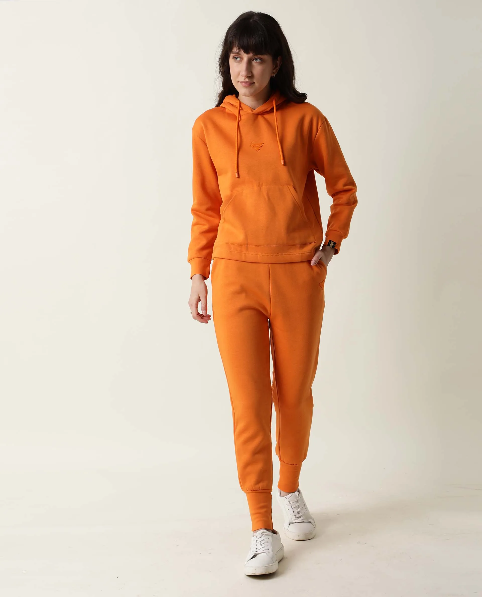 Rareism Women Simp-1 Orange Poly Cotton Fabric Tailored Fit Solid Mid Rise Ankle Length Track Pant