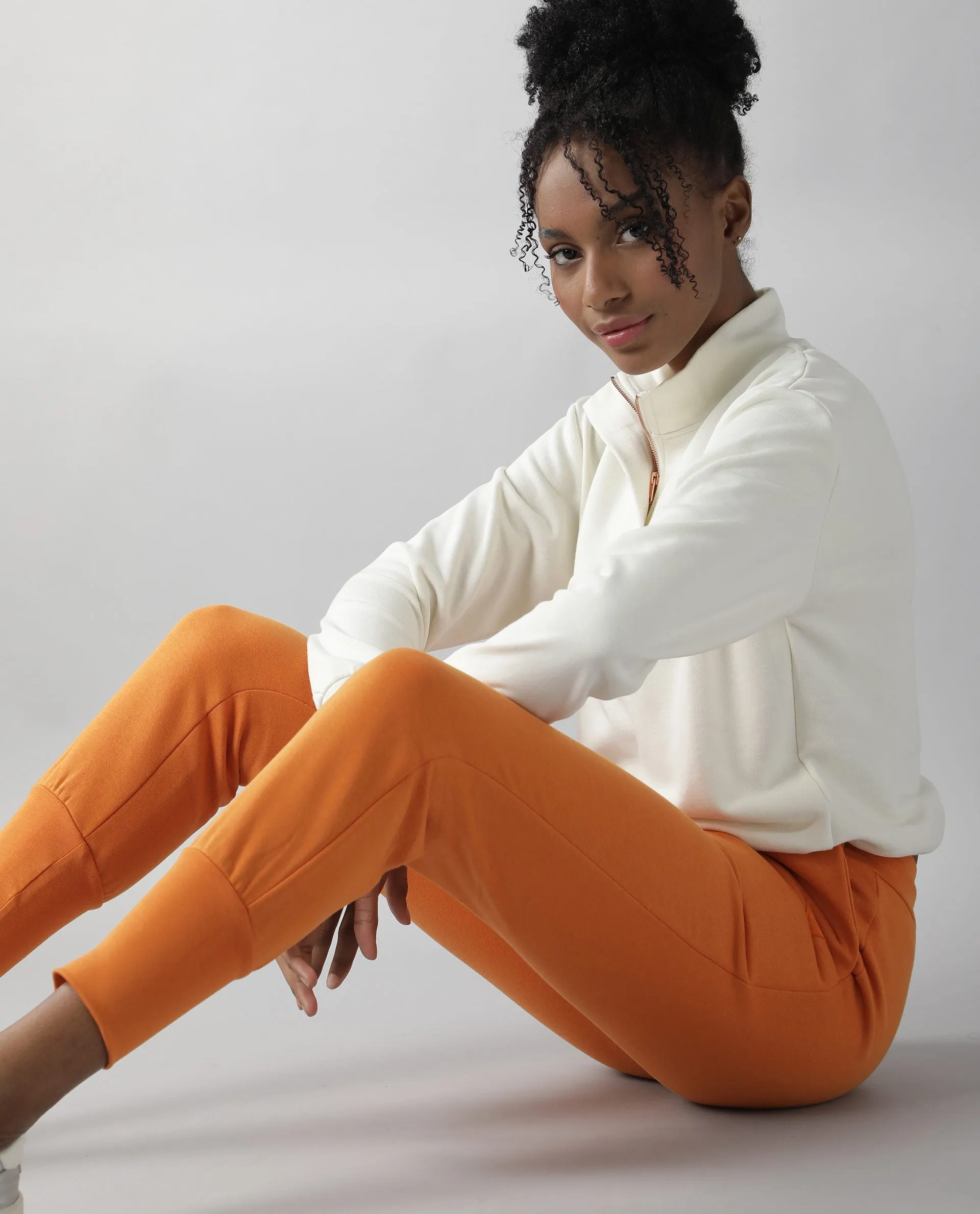 Rareism Women Simp-1 Orange Poly Cotton Fabric Tailored Fit Solid Mid Rise Ankle Length Track Pant
