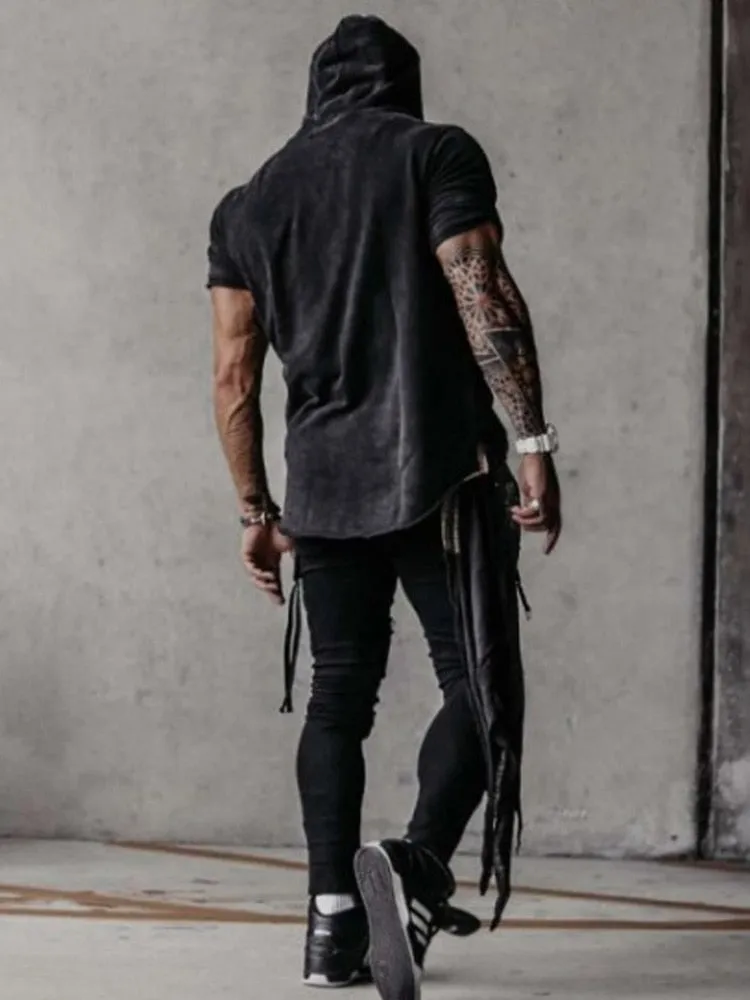 Retro Male Short Sleeve Pullover Streetwear  Summer Casual Loose Hoodies Sweatshirt For Men Fashion Pattern Print Hooded Top