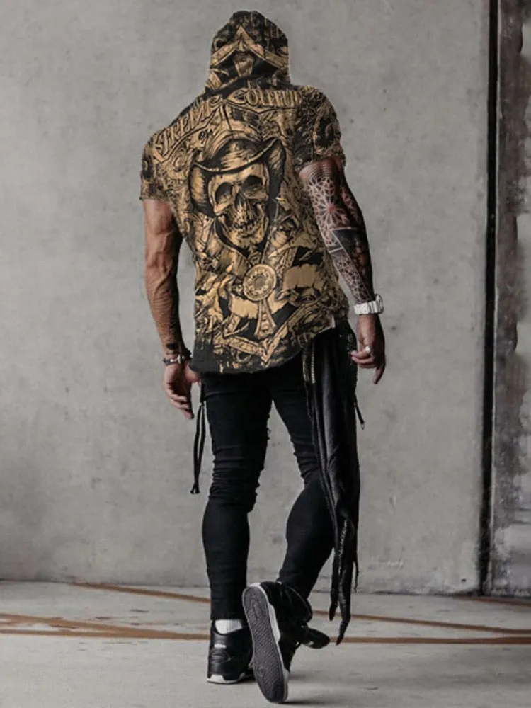 Retro Male Short Sleeve Pullover Streetwear  Summer Casual Loose Hoodies Sweatshirt For Men Fashion Pattern Print Hooded Top