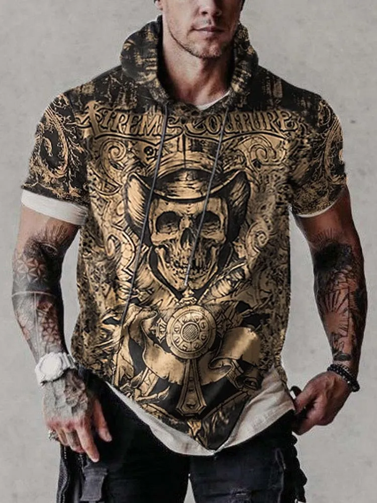 Retro Male Short Sleeve Pullover Streetwear  Summer Casual Loose Hoodies Sweatshirt For Men Fashion Pattern Print Hooded Top