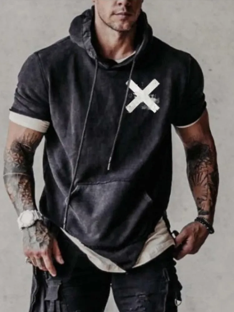 Retro Male Short Sleeve Pullover Streetwear  Summer Casual Loose Hoodies Sweatshirt For Men Fashion Pattern Print Hooded Top