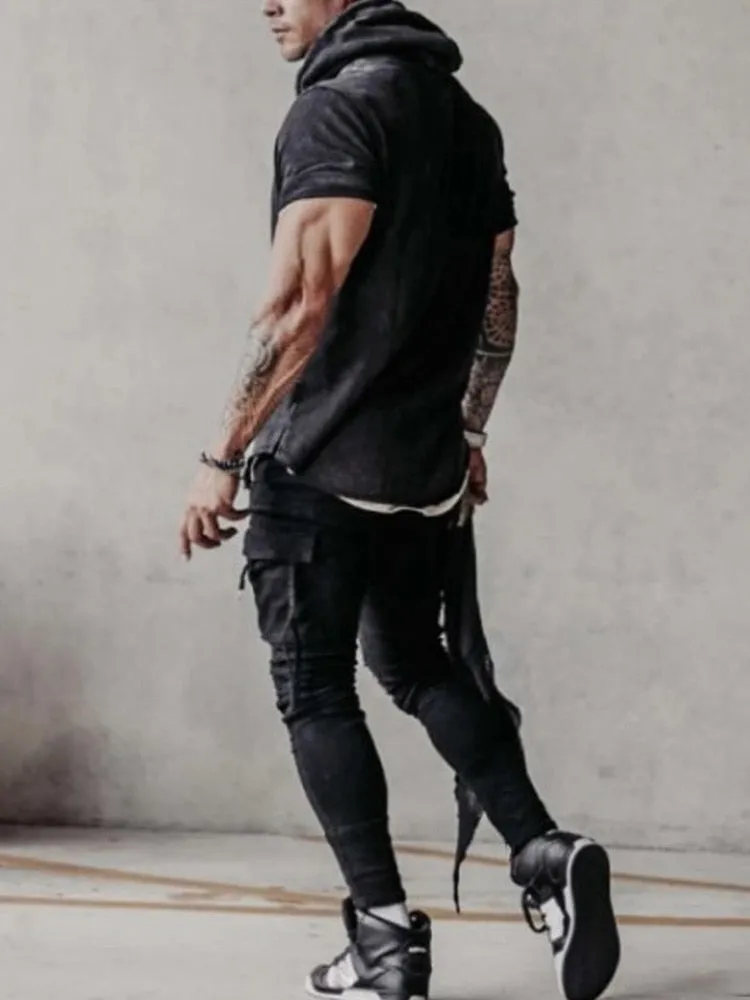 Retro Male Short Sleeve Pullover Streetwear  Summer Casual Loose Hoodies Sweatshirt For Men Fashion Pattern Print Hooded Top