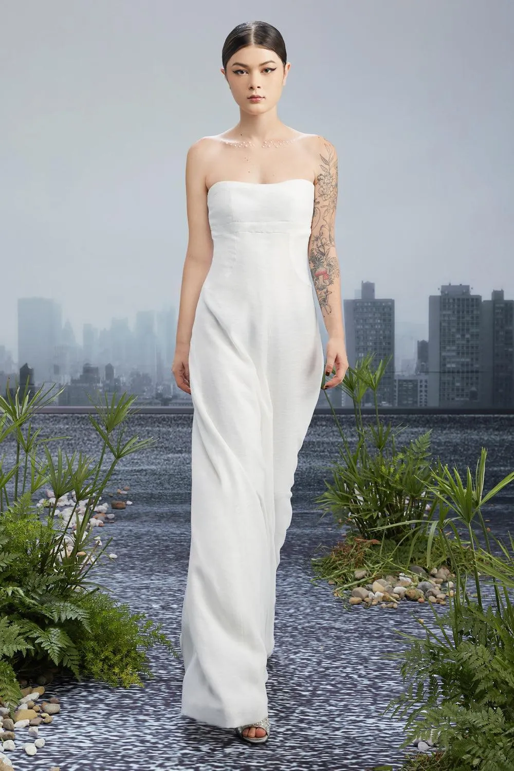 Snow Crash Strapless Semi-Heart Neck Silk Polyester Floor Length Dress