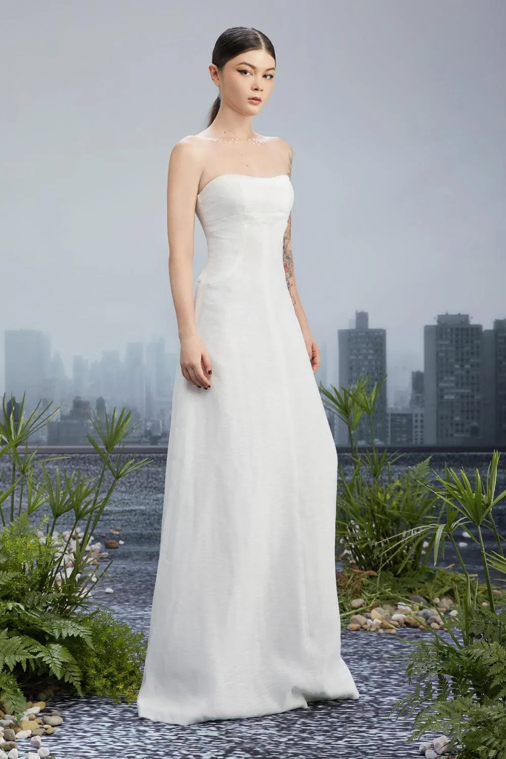 Snow Crash Strapless Semi-Heart Neck Silk Polyester Floor Length Dress