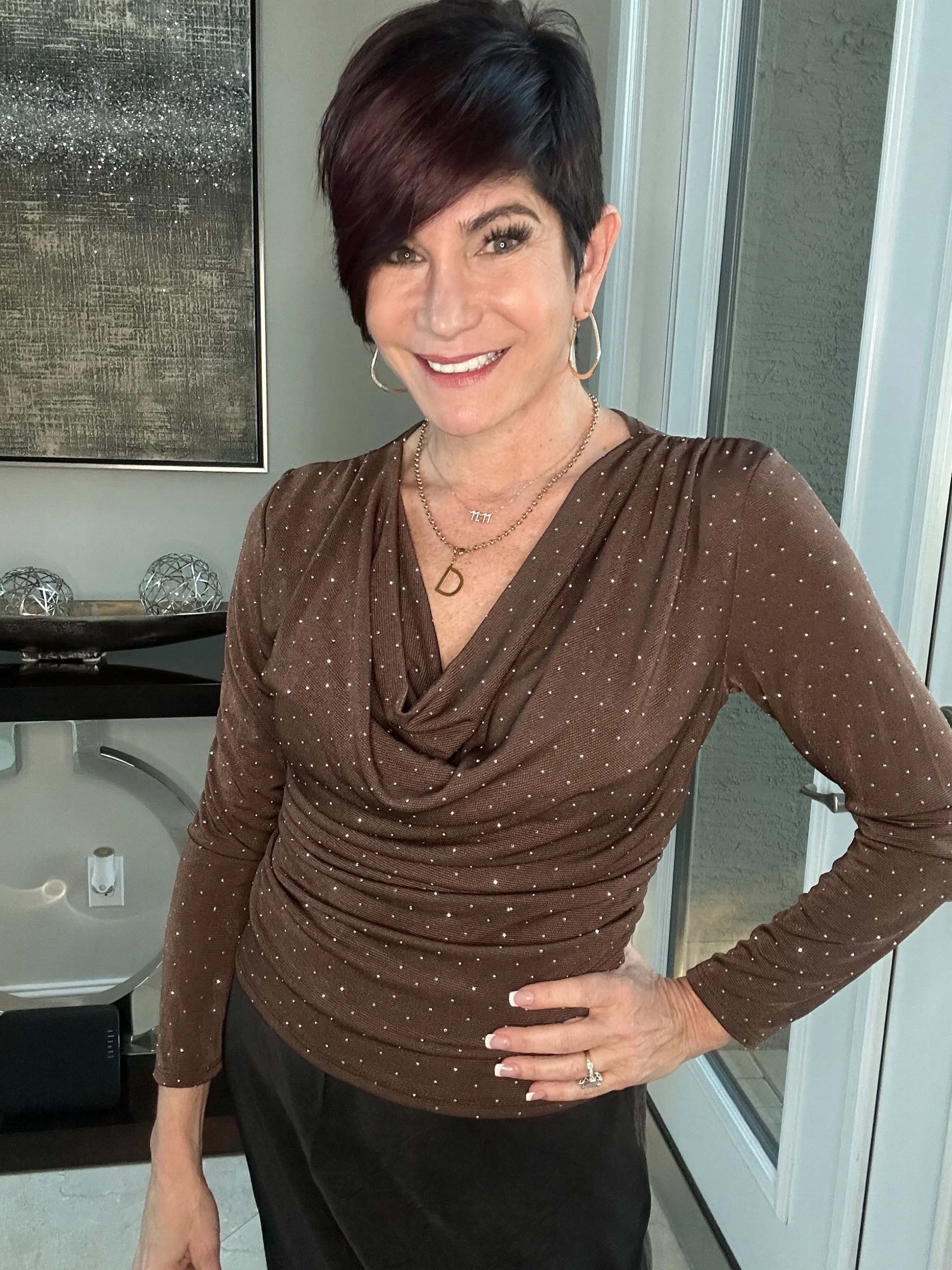 Stone Detail Cowl Neck Blouse
