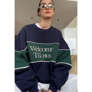 Streetwear Sweatshirt Women Oversized Letter Print Pullovers Vintage Korean Patchwork Loose Casual All Match Hoodies Tops
