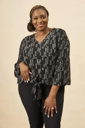 Stylized Feather Tie Knot Blouse in Black   Cream