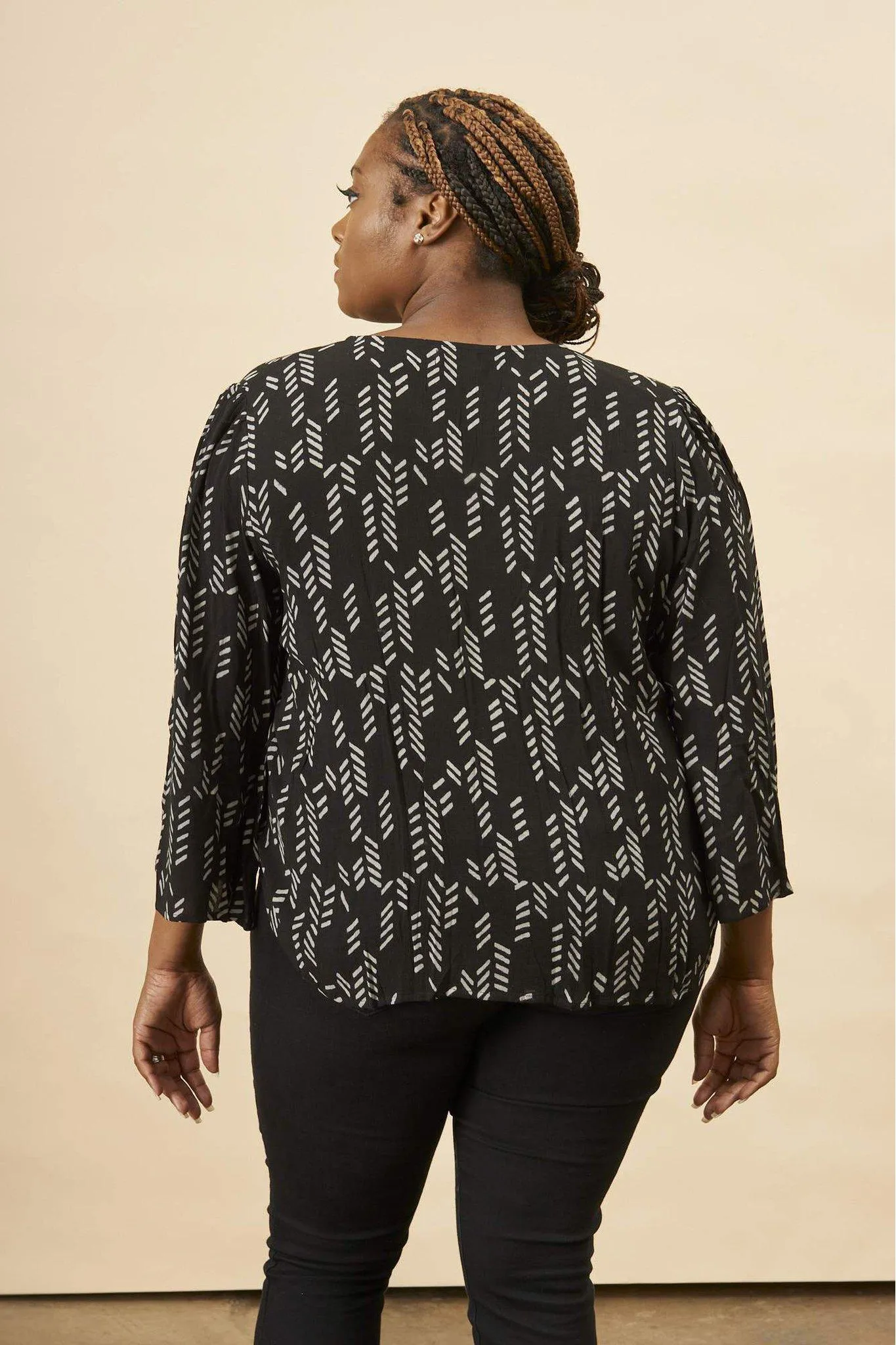 Stylized Feather Tie Knot Blouse in Black   Cream