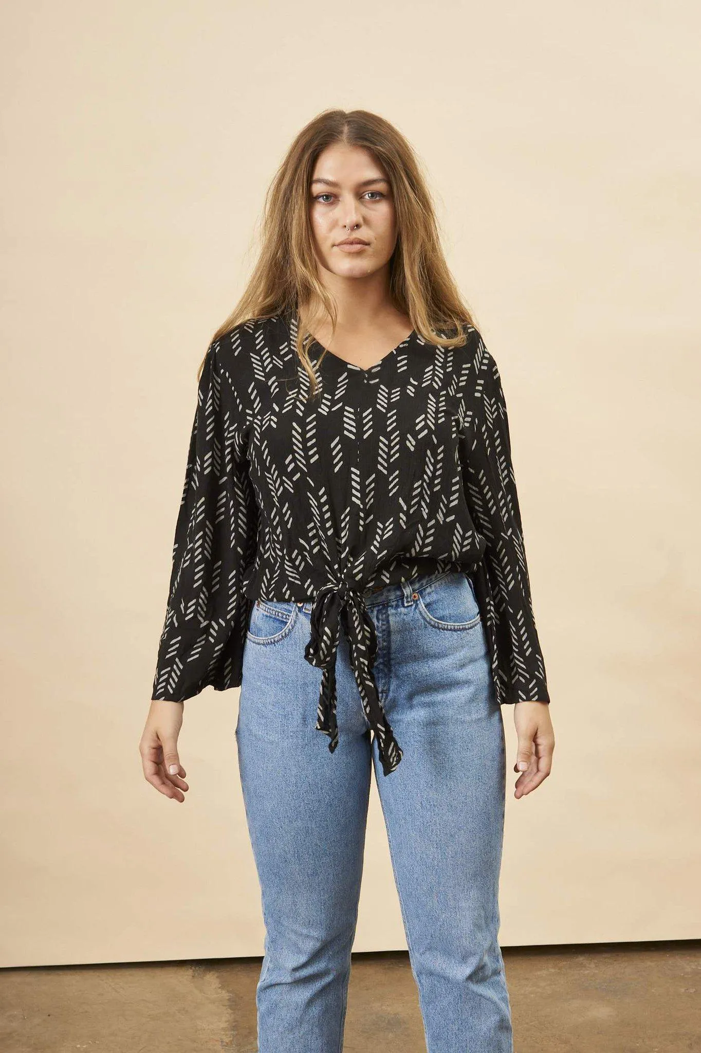 Stylized Feather Tie Knot Blouse in Black   Cream