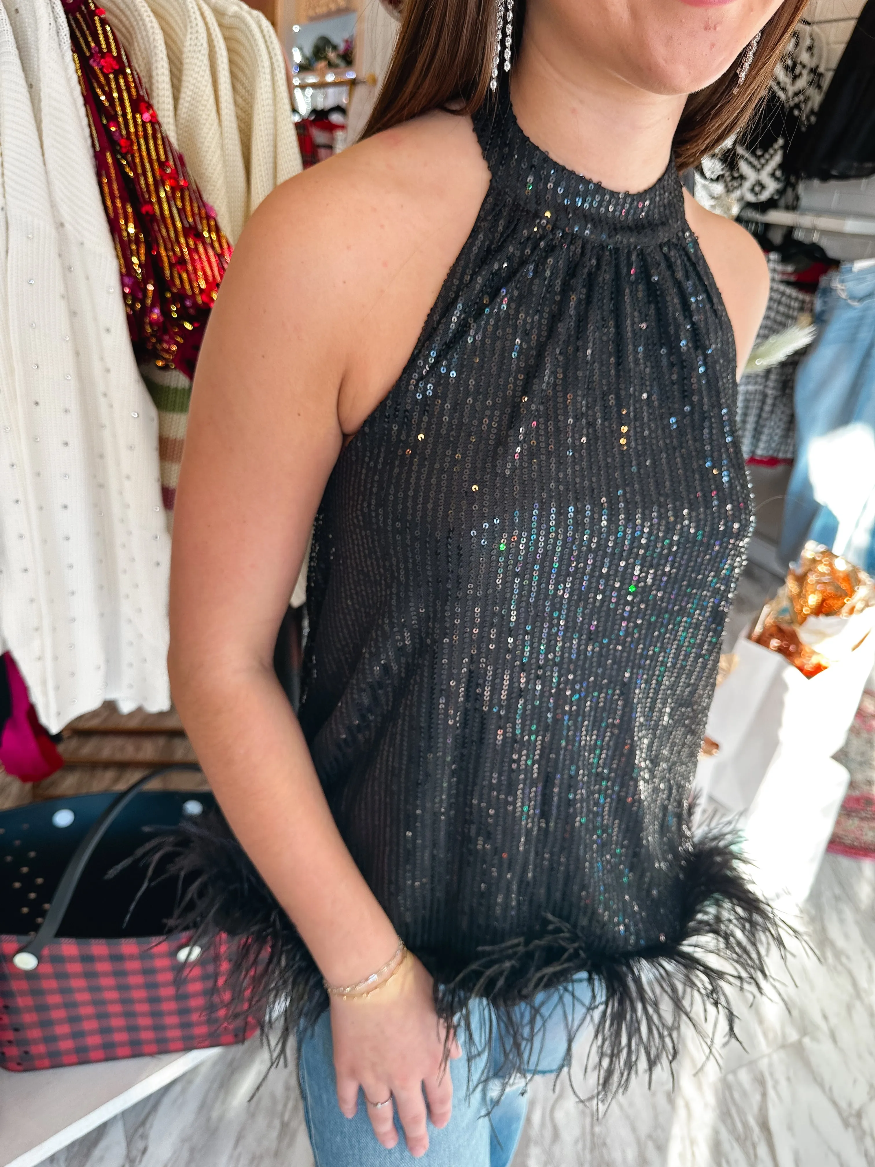Sweet Sense Feather Sequin Black Halter Top