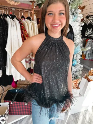 Sweet Sense Feather Sequin Black Halter Top