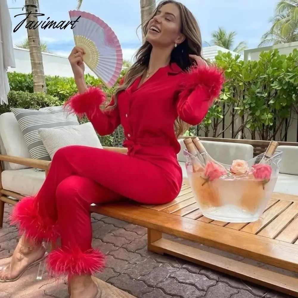 Tavimart Feather Fur V Neck Single Breasted Full Sleeve Blouse Tops and Pants Lounge Suit Women Solid Casual Pajamas Matching SetS