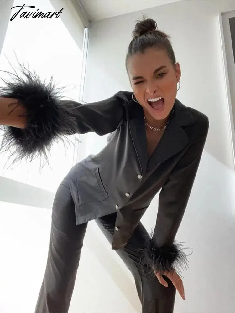 Tavimart Feather Fur V Neck Single Breasted Full Sleeve Blouse Tops and Pants Lounge Suit Women Solid Casual Pajamas Matching SetS