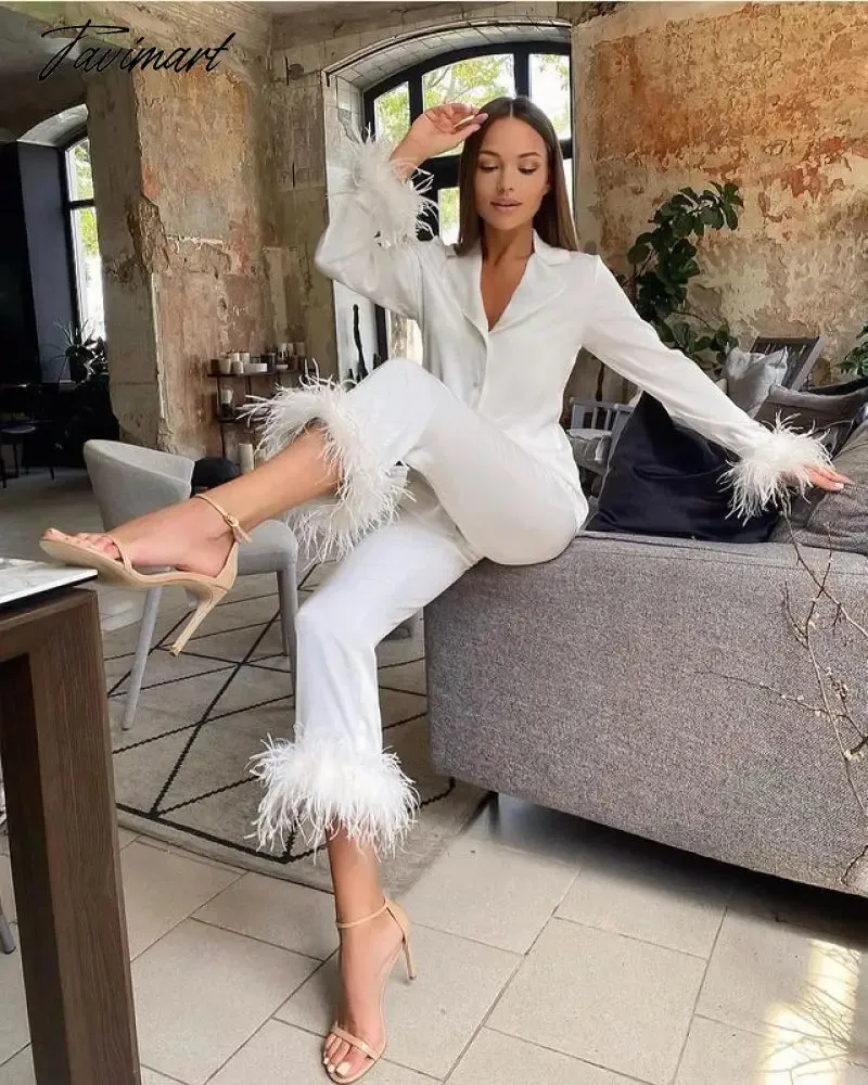 Tavimart Feather Fur V Neck Single Breasted Full Sleeve Blouse Tops and Pants Lounge Suit Women Solid Casual Pajamas Matching SetS