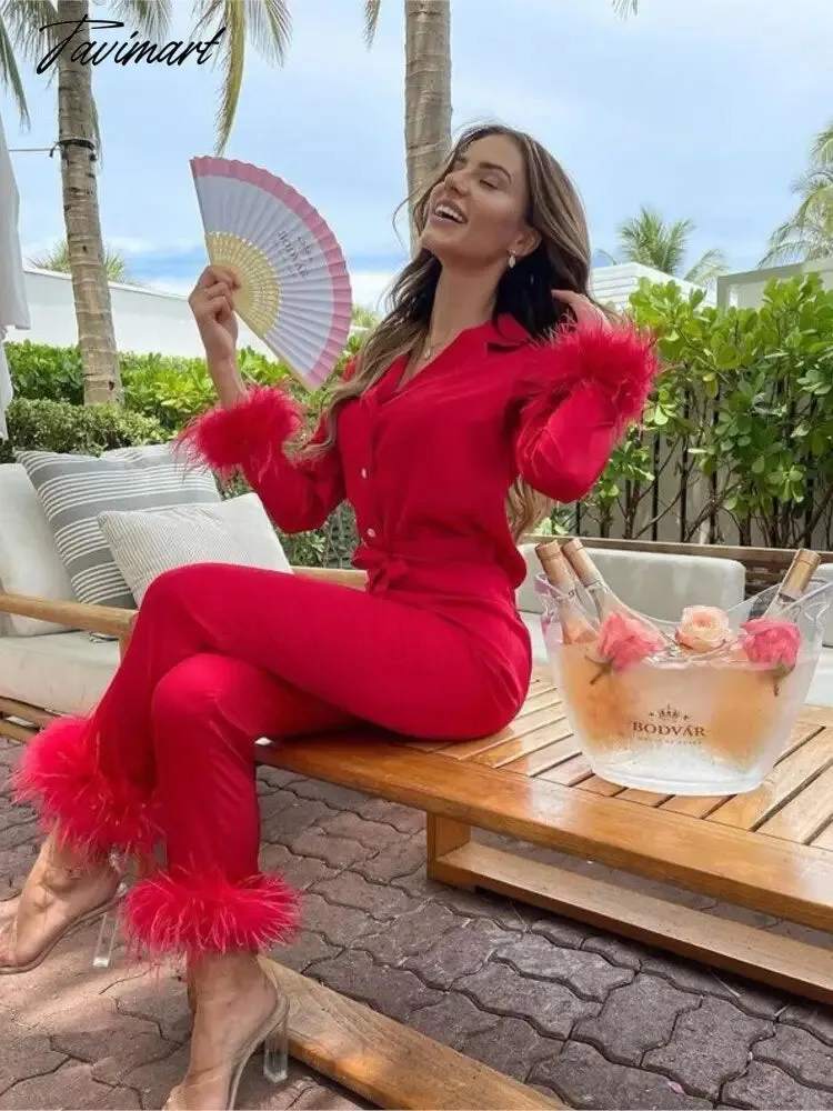 Tavimart Feather Fur V Neck Single Breasted Full Sleeve Blouse Tops and Pants Lounge Suit Women Solid Casual Pajamas Matching SetS