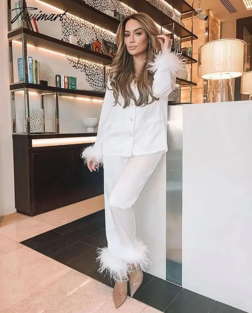 Tavimart Feather Fur V Neck Single Breasted Full Sleeve Blouse Tops and Pants Lounge Suit Women Solid Casual Pajamas Matching SetS