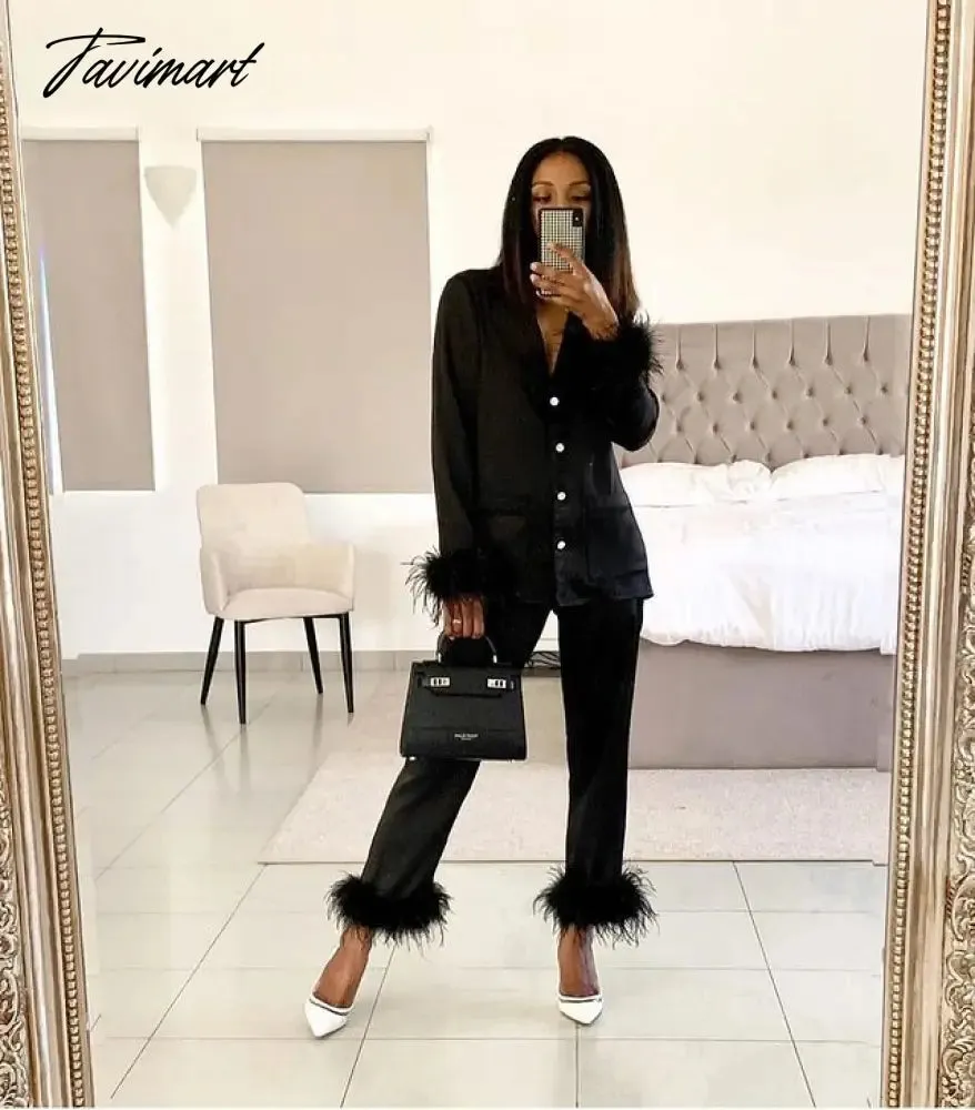 Tavimart Feather Fur V Neck Single Breasted Full Sleeve Blouse Tops and Pants Lounge Suit Women Solid Casual Pajamas Matching SetS