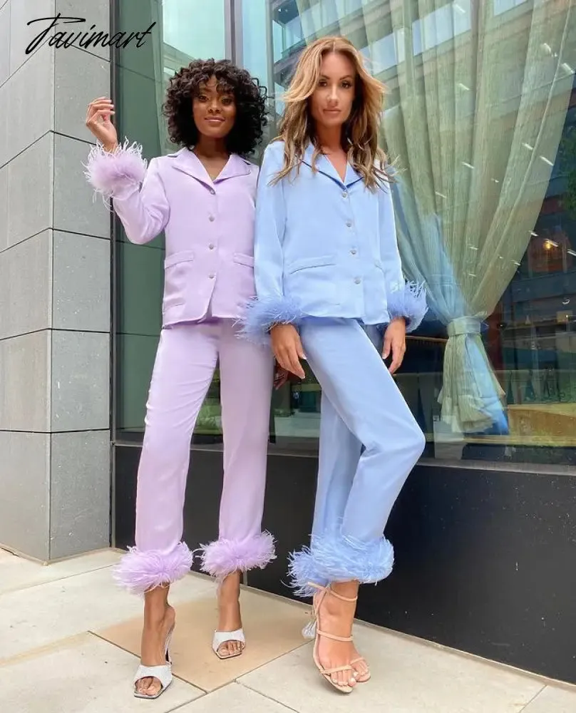 Tavimart Feather Fur V Neck Single Breasted Full Sleeve Blouse Tops and Pants Lounge Suit Women Solid Casual Pajamas Matching SetS