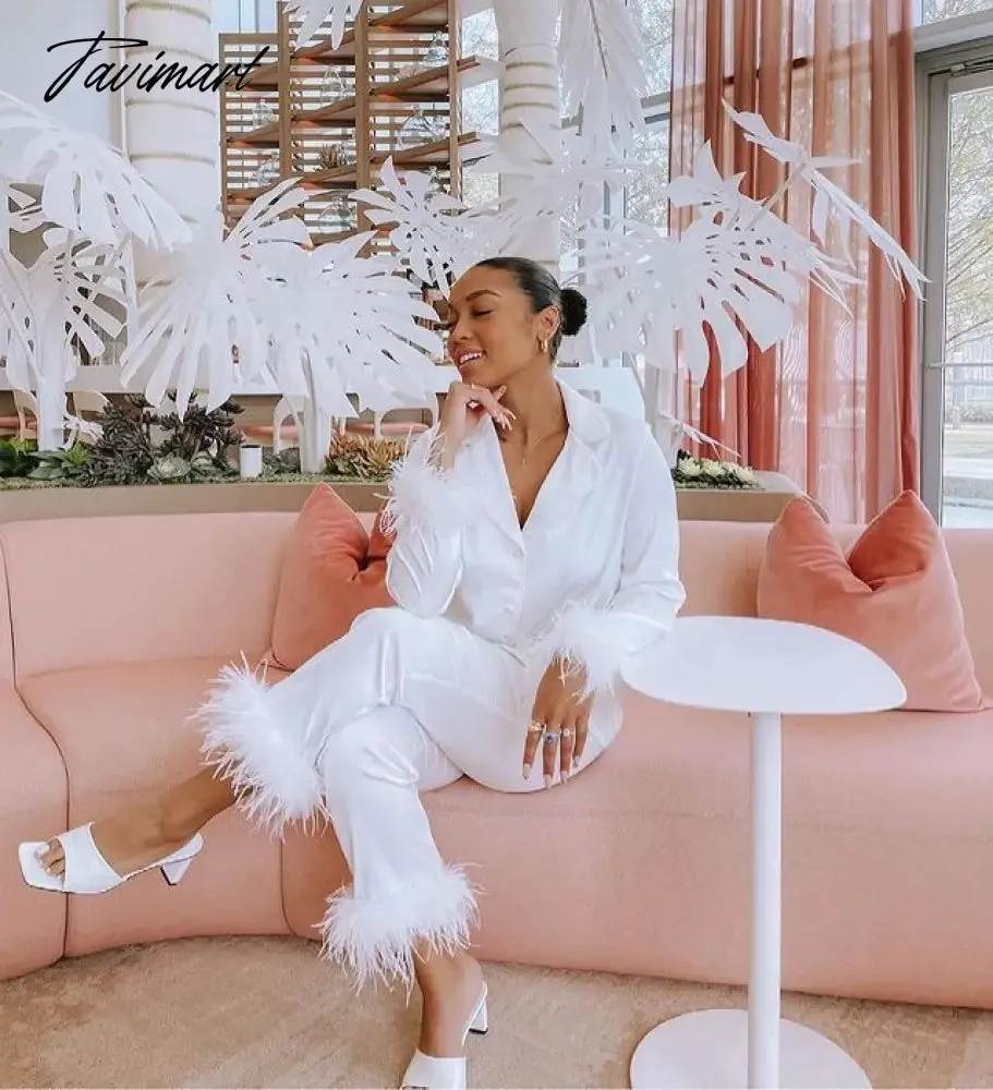 Tavimart Feather Fur V Neck Single Breasted Full Sleeve Blouse Tops and Pants Lounge Suit Women Solid Casual Pajamas Matching SetS