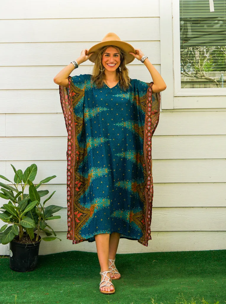 Teal Peacock Feather Kimono Kaftan Dress