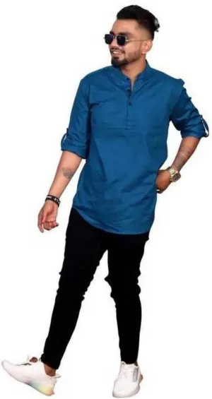 Trendy Cotton Solid Mandarin Chinese Collar Full Sleeves Hip Length Short Kurta For Men