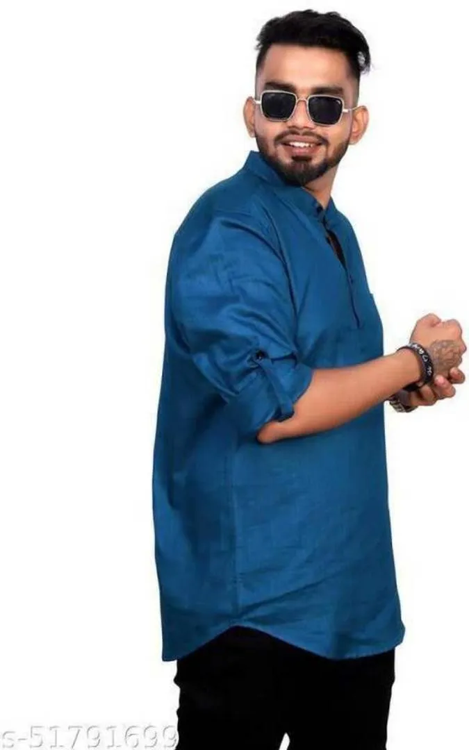 Trendy Cotton Solid Mandarin Chinese Collar Full Sleeves Hip Length Short Kurta For Men