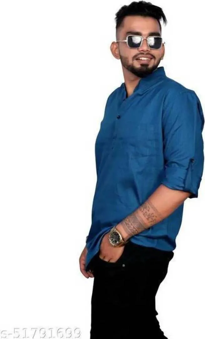 Trendy Cotton Solid Mandarin Chinese Collar Full Sleeves Hip Length Short Kurta For Men