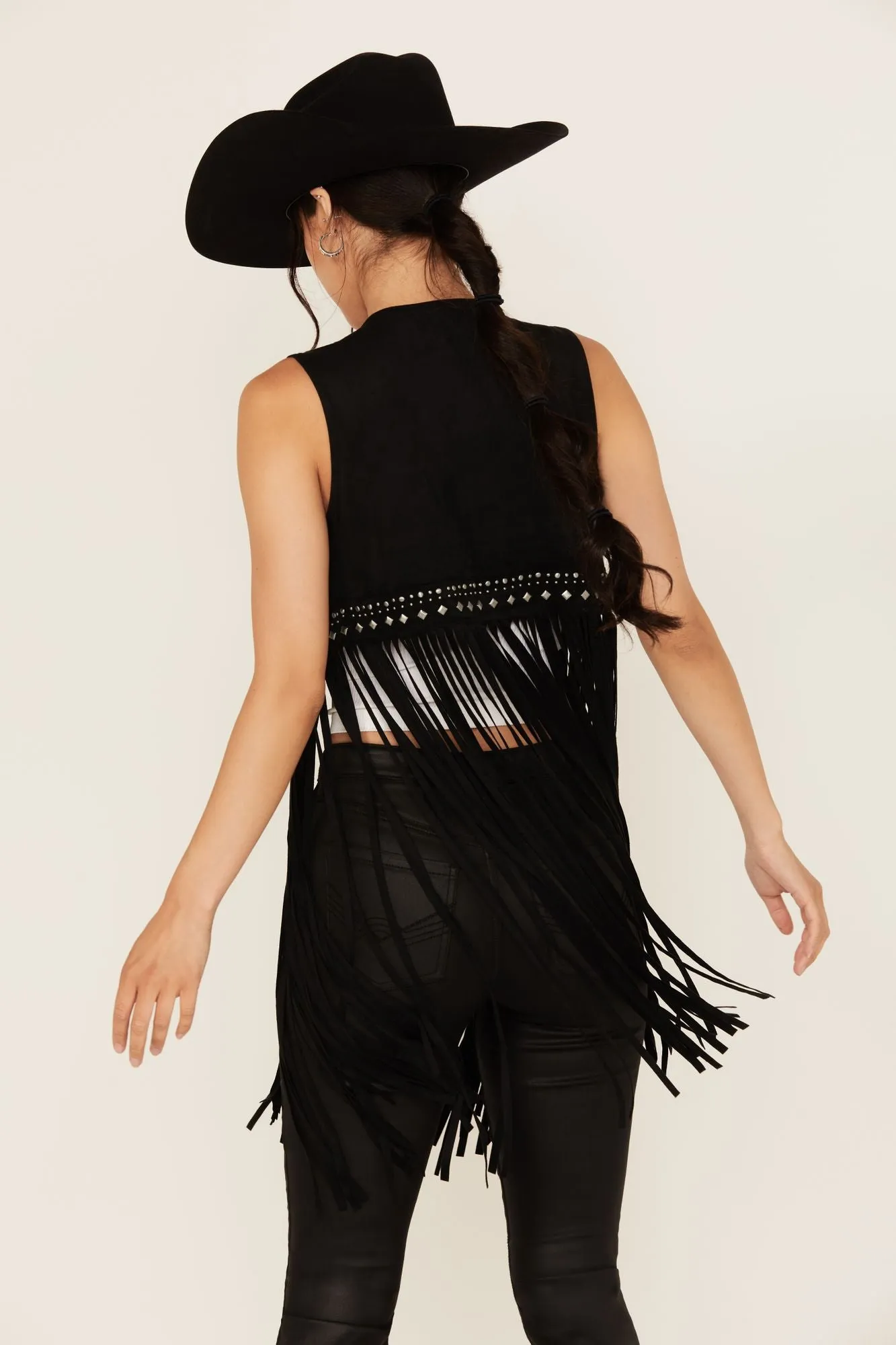 Walnut Studded Fringe Faux Suede Vest