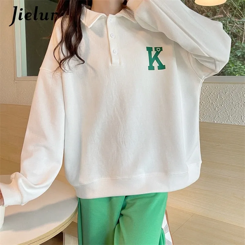 Wenkouban Autumn Polo Women Hoodies Korean Fashion Streetwear Casual Loose Cool Buttons Letter Print Gray White Black Sweatshirt