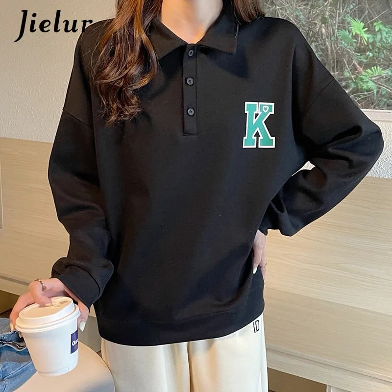 Wenkouban Autumn Polo Women Hoodies Korean Fashion Streetwear Casual Loose Cool Buttons Letter Print Gray White Black Sweatshirt