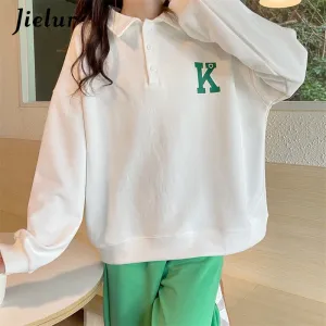 Wenkouban Autumn Polo Women Hoodies Korean Fashion Streetwear Casual Loose Cool Buttons Letter Print Gray White Black Sweatshirt