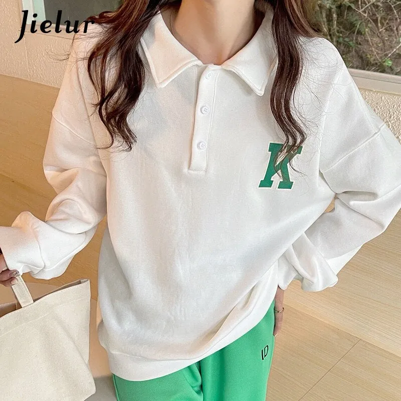 Wenkouban Autumn Polo Women Hoodies Korean Fashion Streetwear Casual Loose Cool Buttons Letter Print Gray White Black Sweatshirt