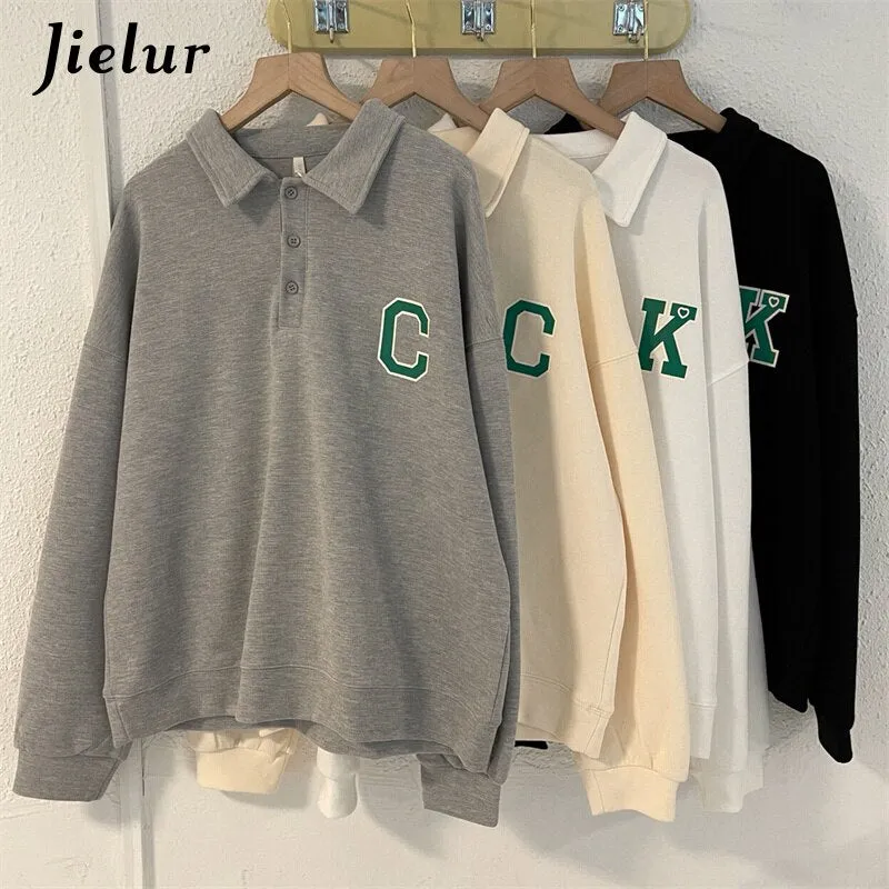 Wenkouban Autumn Polo Women Hoodies Korean Fashion Streetwear Casual Loose Cool Buttons Letter Print Gray White Black Sweatshirt