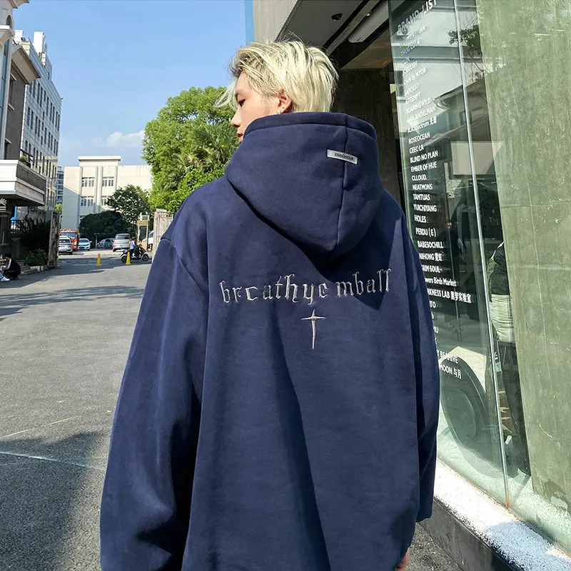 Wiaofellas  -  Men's Solid Embroidery Hoodies Long Sleeves Big Pocket Top Oversized Casual Fashion Outdoor Streetwear Sweatshirt