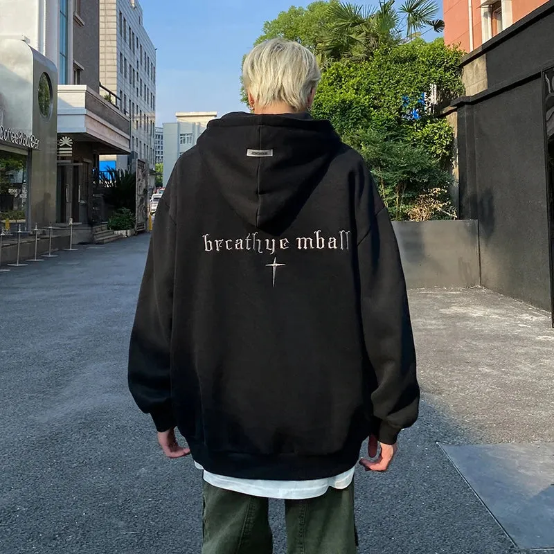 Wiaofellas  -  Men's Solid Embroidery Hoodies Long Sleeves Big Pocket Top Oversized Casual Fashion Outdoor Streetwear Sweatshirt