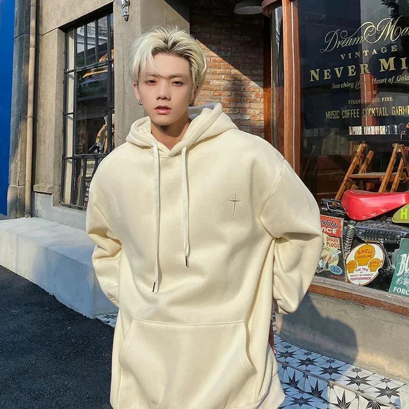 Wiaofellas  -  Men's Solid Embroidery Hoodies Long Sleeves Big Pocket Top Oversized Casual Fashion Outdoor Streetwear Sweatshirt