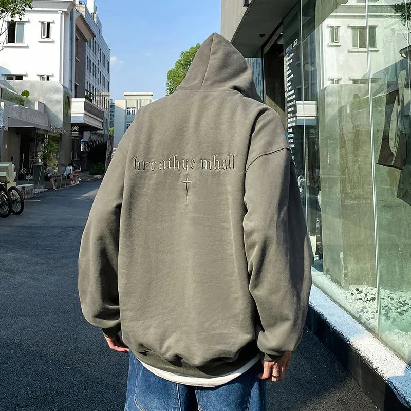 Wiaofellas  -  Men's Solid Embroidery Hoodies Long Sleeves Big Pocket Top Oversized Casual Fashion Outdoor Streetwear Sweatshirt